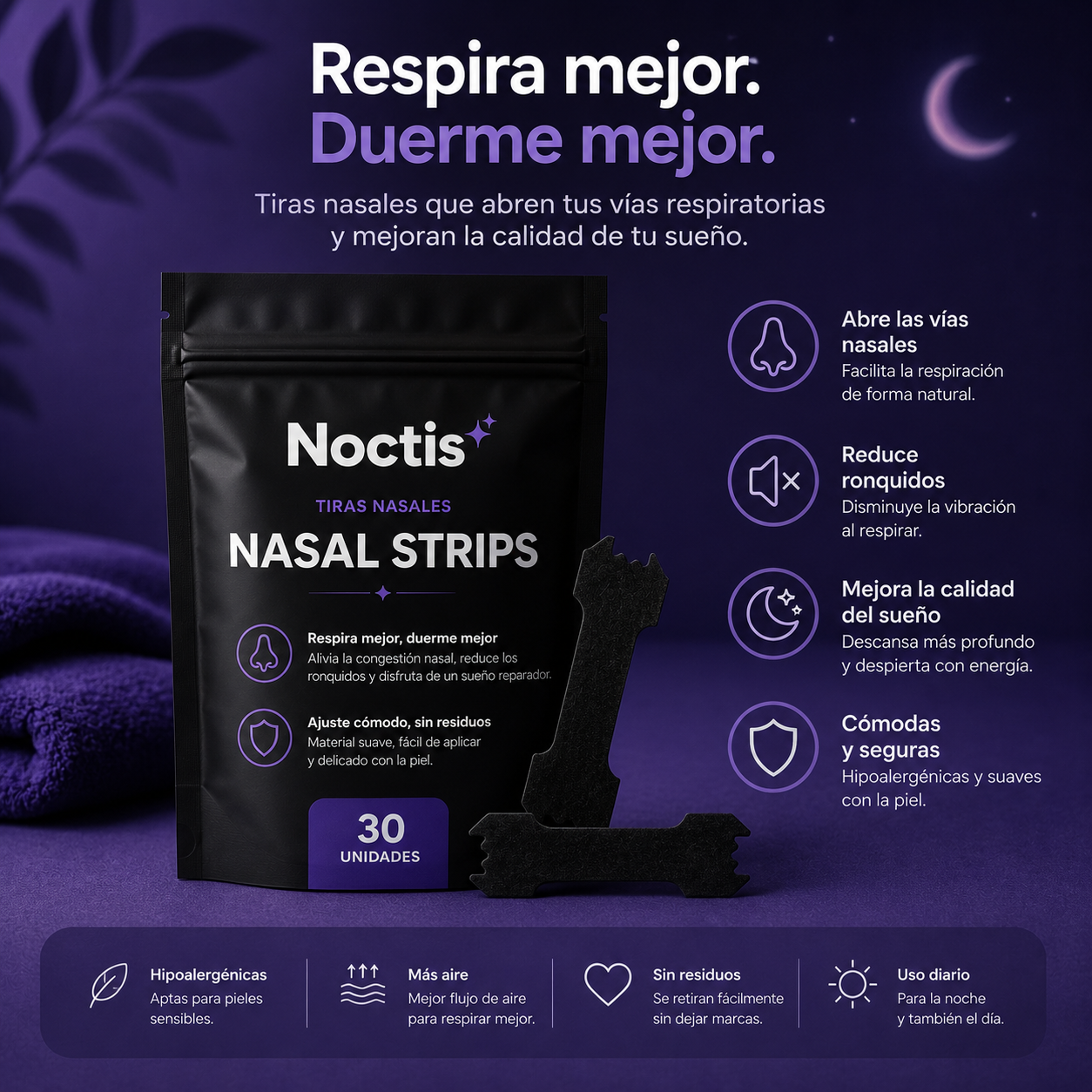 Tiras Nasales para Respirar y Dormir Mejor (30 uds.) | NoctisStrips™